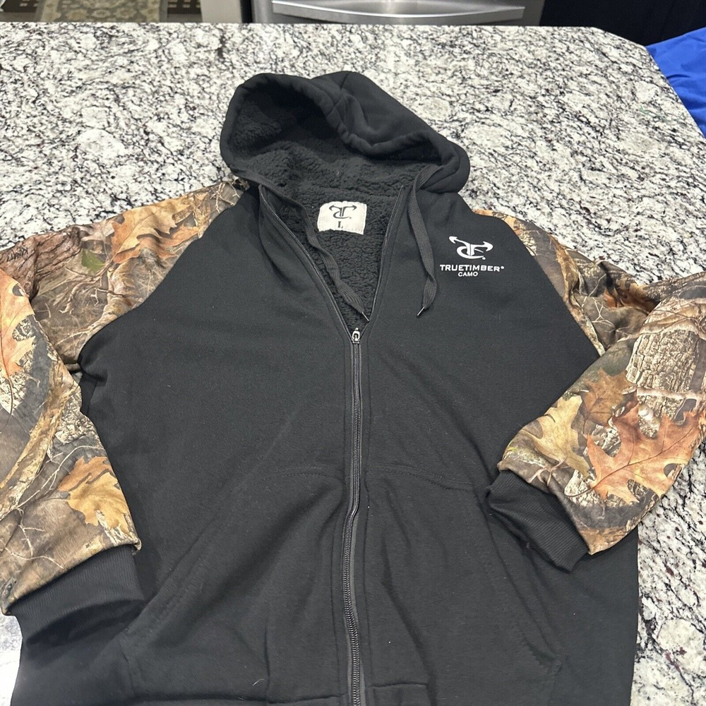 True‎ Timber Men's Fleece Full Zip Jacket Black and Hunting Camo Size XL